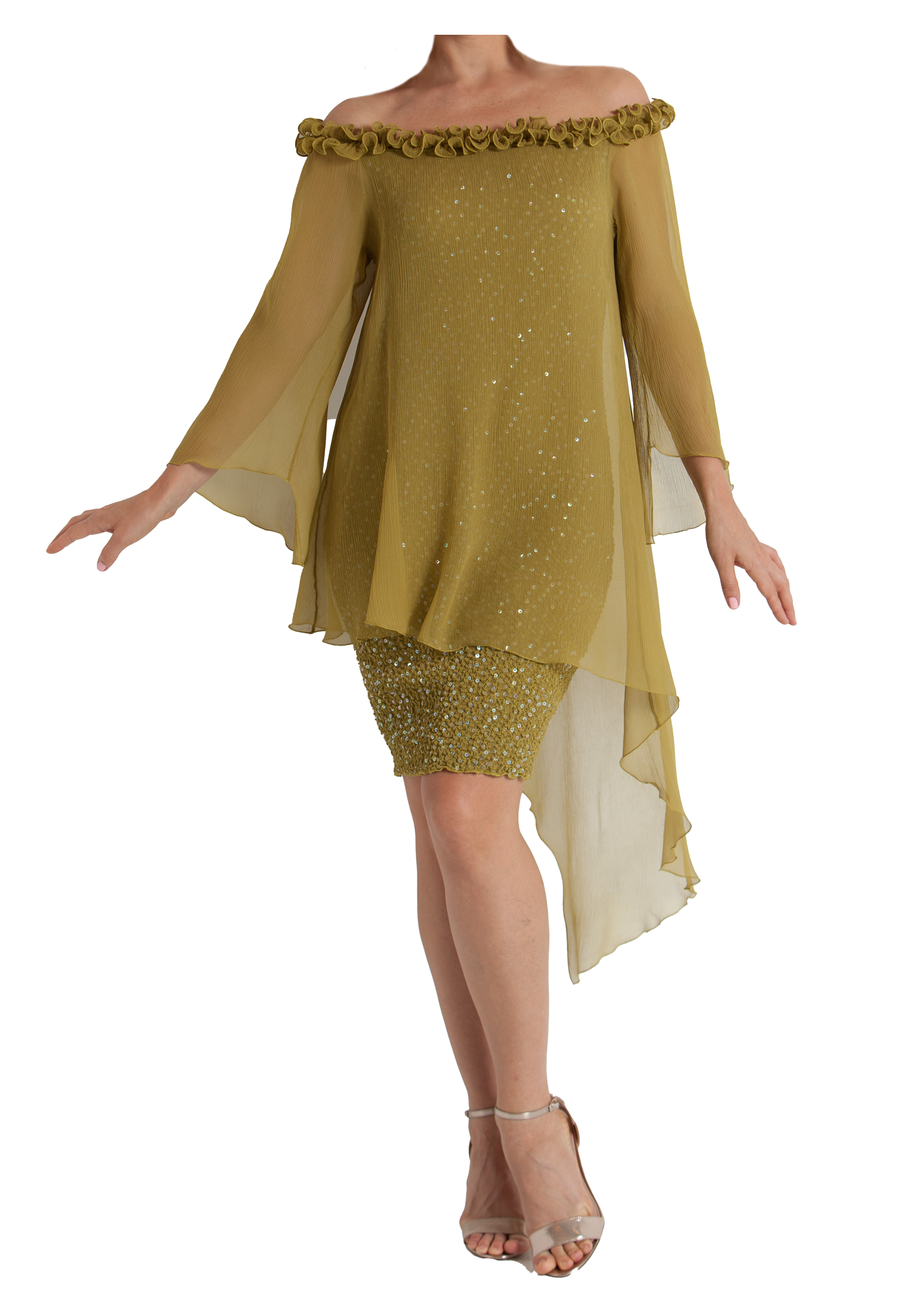 Asymmetrical Sequin & Silk Plisse' Short Dress D1565SCL in Poison - Sara Mique Evening Wear