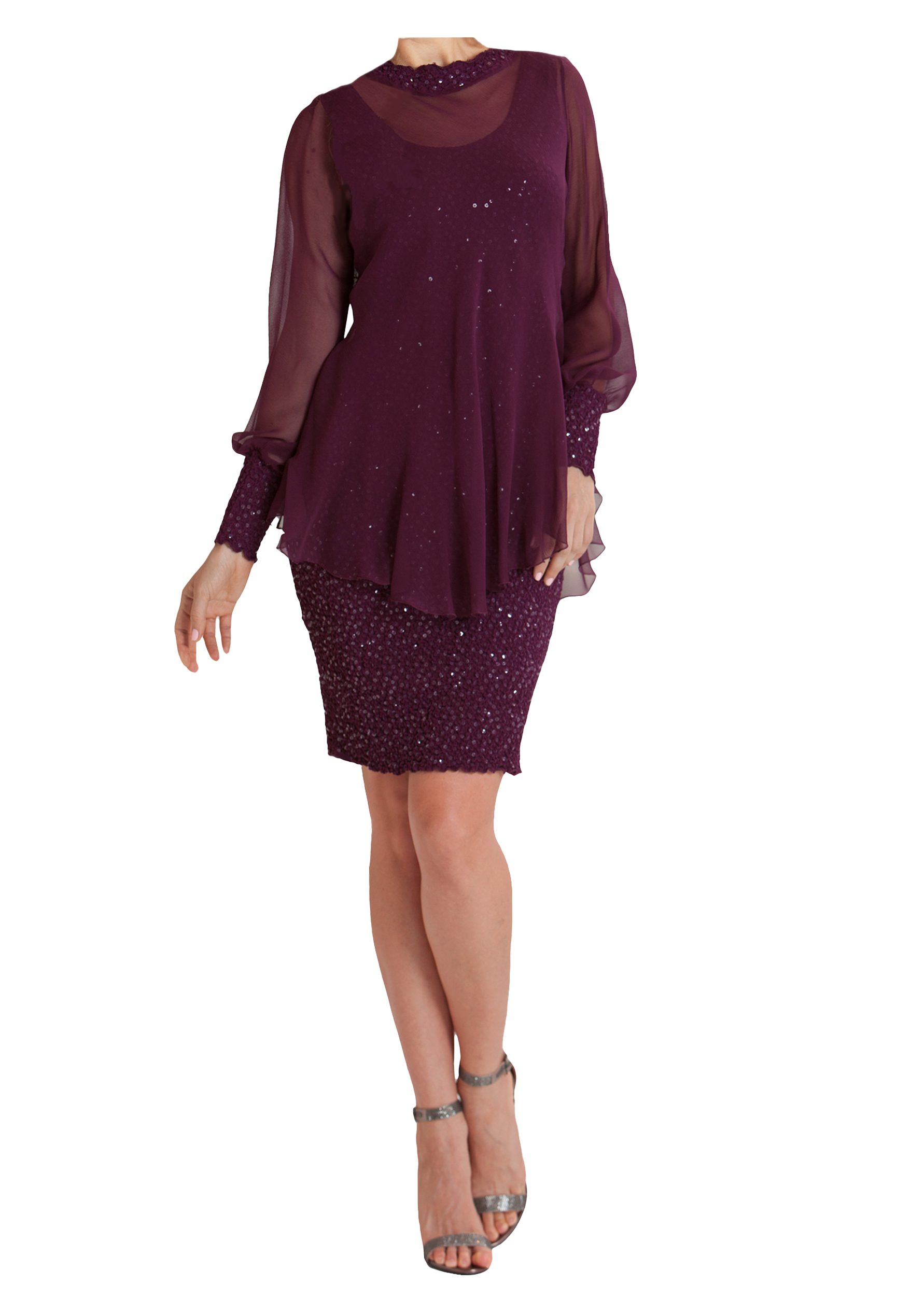 Silk Pucker with Sequins Dress D1547 T1503 Aubergine