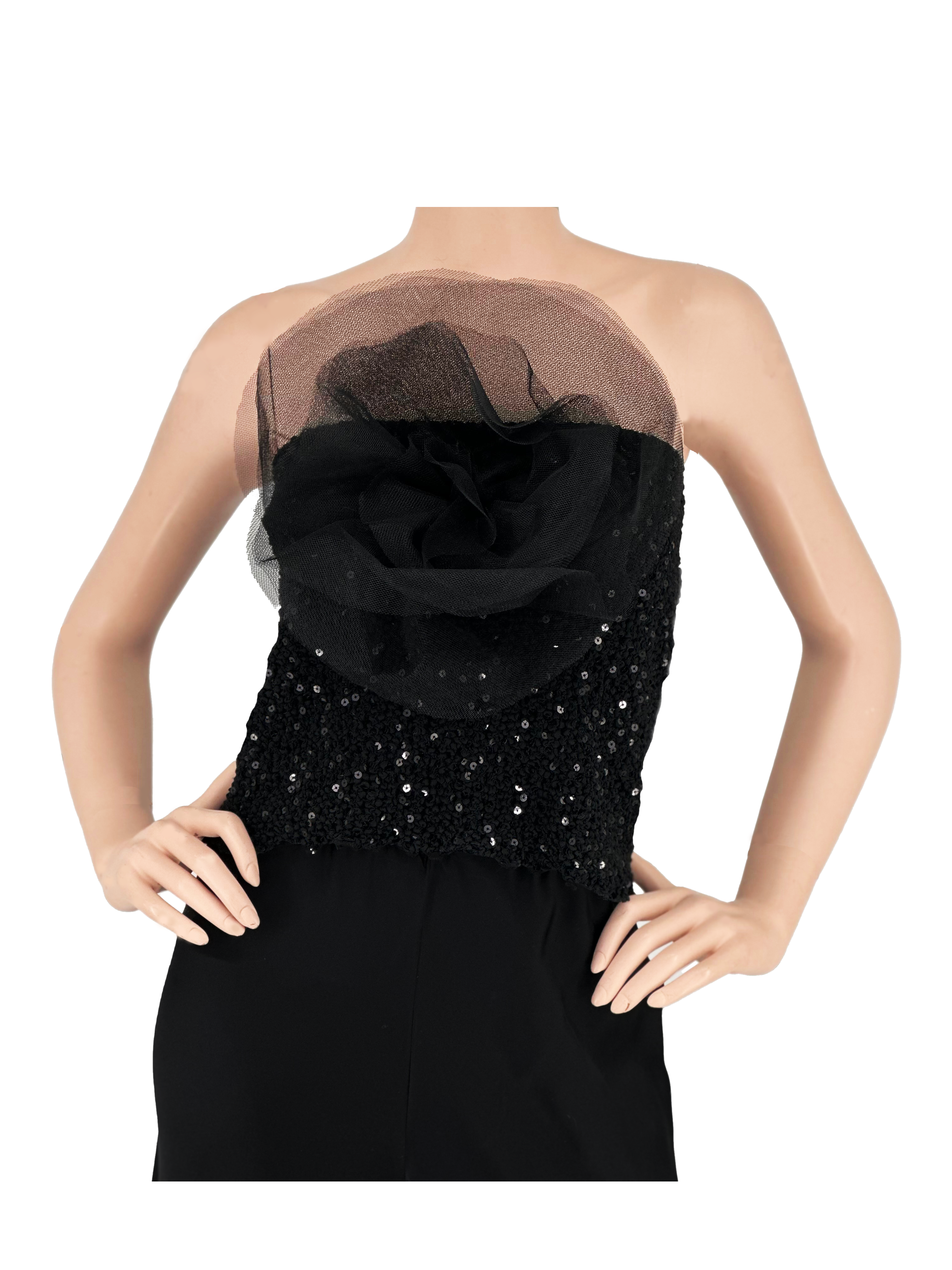 Black Mesh Flower Tube Top with Sequin Silk Pucker - Sara Mique Evening Wear