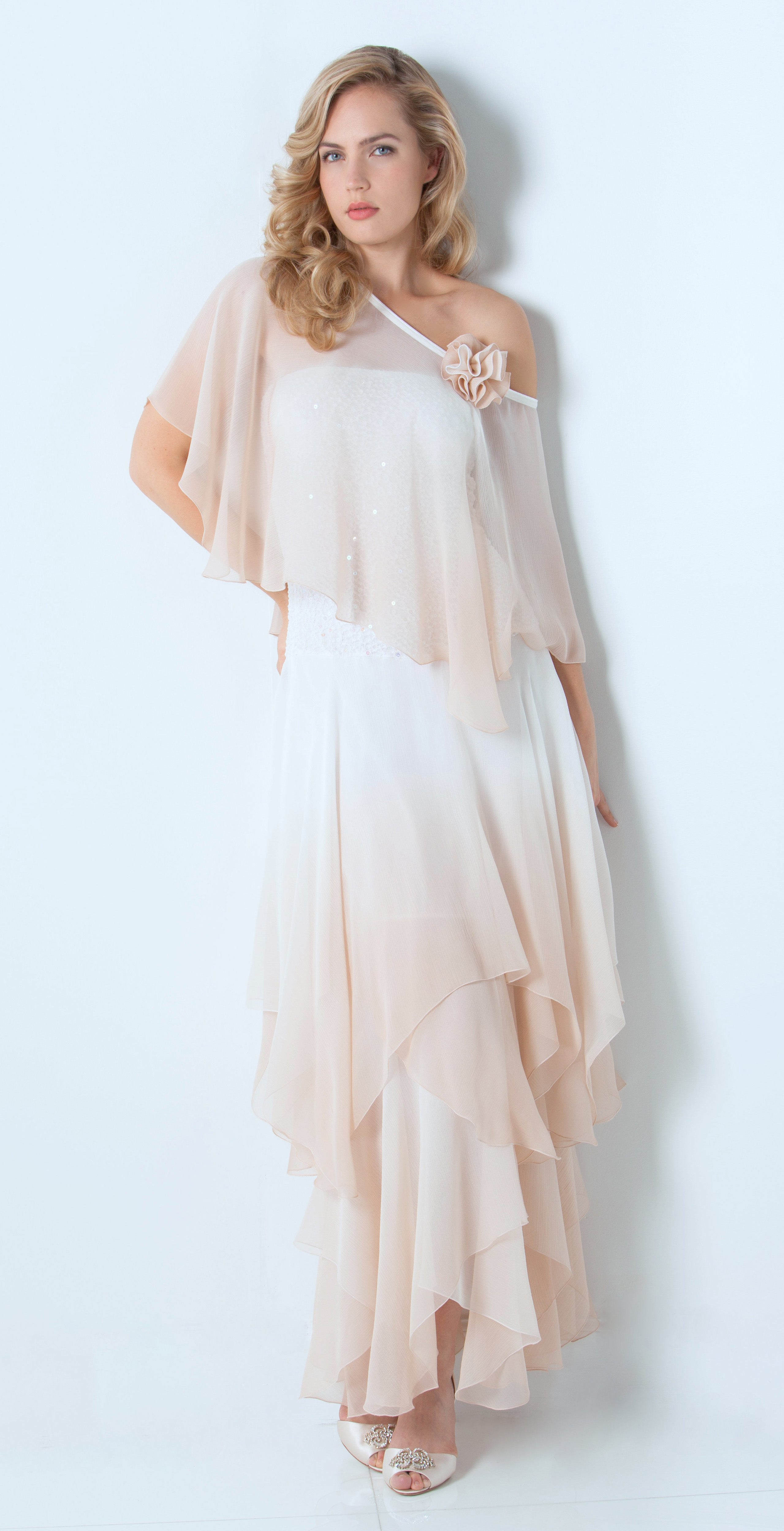 Sequin Silk Plisse' Pucker Dress & Float in an Ecru Ombre Hand Tint- D1506SCL/Float - Sara Mique Evening Wear