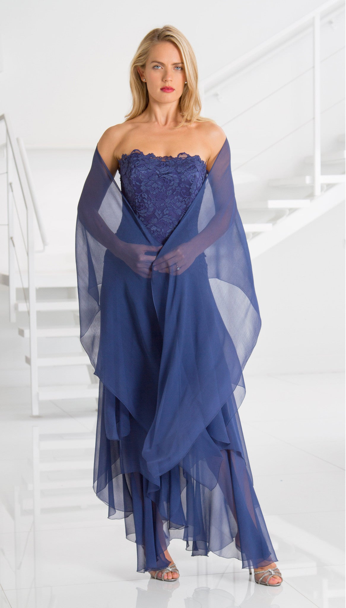 French Lace and Silk Plisse' Dress - D659 / Stole 2 - Sara Mique Evening Wear