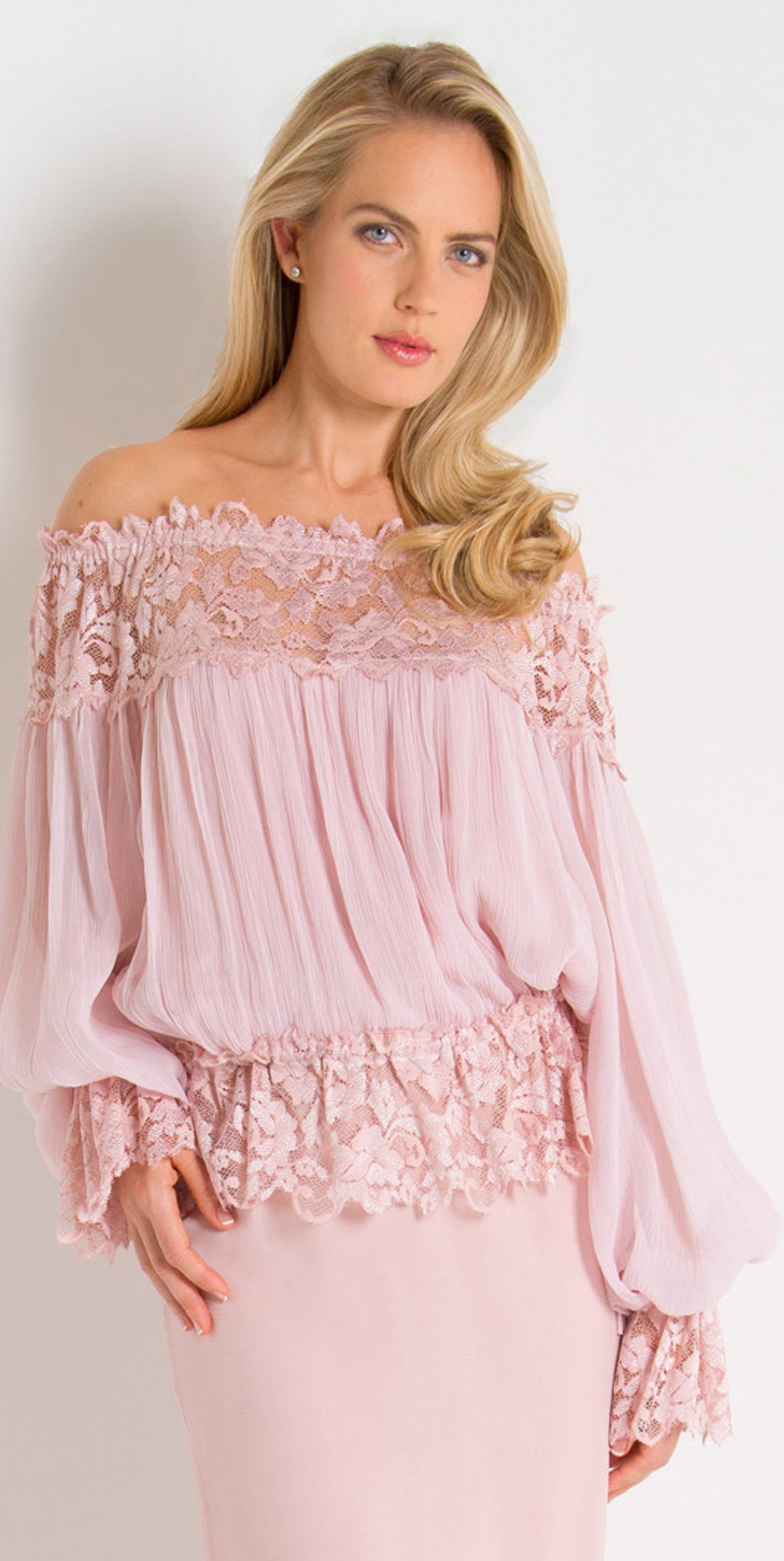 French Lace and Silk Plisse Off Shoulder Top - B616 - Sara Mique Evening Wear